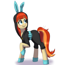 Size: 800x800 | Tagged: safe, artist:ghostlymarie, oc, oc only, oc:film flick, species:earth pony, species:pony, bunny ears, clothing, costume, cute, dangerous mission outfit, female, happy, hoodie, looking up, simple background, smiling, solo, white background