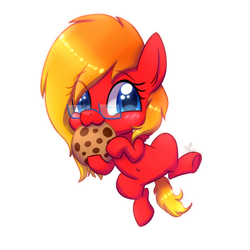 Size: 1000x1000 | Tagged: safe, artist:ghostlymarie, base used, oc, oc:sunrise tune, species:earth pony, species:pony, :3, belly button, blushing, chibi, cookie, cute, eating, female, food, glasses, happy, hoof hold, legs in air, looking at you, mare, ocbetes, simple background, smiling, transparent background, underhoof