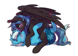 Size: 1400x1010 | Tagged: safe, artist:raponee, oc, oc:midnight light, oc:snow sailor, species:pegasus, species:pony, species:unicorn, blushing, boop, cuddling, cute, ear fluff, eye contact, female, horn, jewelry, looking at each other, lying down, lying on top of someone, male, mare, mlem, noseboop, oc x oc, pegasus oc, pendant, shipping, silly, simple background, smiling, snolight, spread wings, stallion, straight, tongue out, transparent background, unicorn oc, wings