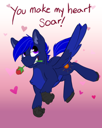 Size: 2400x3000 | Tagged: safe, artist:scruffasus, oc, oc:neutrino burst, species:hippogriff, episode:hearts and hooves day, g4, my little pony: friendship is magic, cute, flower, flower in mouth, flying, gradient background, heart, holiday, mouth hold, rose, rose in mouth, valentine's day, wings