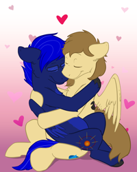 Size: 2400x3000 | Tagged: safe, artist:scruffasus, oc, oc:fleet wing, oc:neutrino burst, species:hippogriff, species:pegasus, species:pony, episode:hearts and hooves day, g4, my little pony: friendship is magic, cute, gay, gradient background, heart, holiday, hug, male, valentine's day, wings
