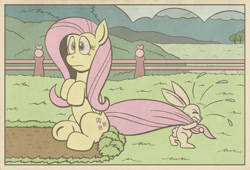 Size: 1883x1282 | Tagged: safe, artist:regularmouseboy, character:angel bunny, character:fluttershy, fence, pulling, sit, tail, tail pull, vintage