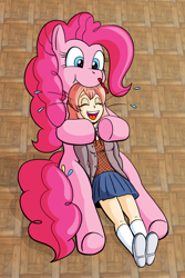 Size: 1200x1800 | Tagged: safe, artist:regularmouseboy, character:pinkie pie, species:human, species:pony, cute, cutie mark, doki doki literature club, laughing, nibbling, nom, open mouth, sayori, silly, silly pony