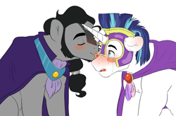 Size: 1523x1000 | Tagged: safe, artist:frowoppy, character:good king sombra, character:king sombra, character:shining armor, ship:shiningsombra, blush sticker, blushing, broken horn, divorce, gay, good end, king sombra gets all the stallions, kiss on the cheek, kissing, male, reformed sombra, shipping, simple background, teary eyes, white background