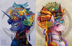 Size: 3000x1913 | Tagged: safe, artist:buryooooo, character:princess celestia, character:princess luna, species:alicorn, species:bird, species:pony, alternate hairstyle, chinese new year, clothing, duo, eyeshadow, female, looking at you, makeup, mare, peacock, smiling