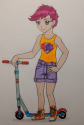Size: 428x637 | Tagged: safe, artist:metalamethyst, character:scootaloo, species:human, clothing, converse, female, humanized, scooter, shoes, short hair, solo, tank top, teenager, traditional art
