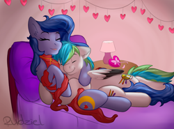 Size: 1901x1408 | Tagged: safe, artist:rudazmora, oc, oc only, oc:looic, oc:shadow blue, species:earth pony, species:pegasus, species:pony, calm, clothing, colt, couple, dress, evening, female, happy, heart, holiday, male, mare, oc x oc, red dress, shadooic, shipping, stallion, straight, valentine, valentine's day