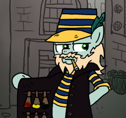 Size: 640x600 | Tagged: safe, artist:ficficponyfic, artist:methidman, edit, species:earth pony, species:pony, adult, beard, cigarette, clothing, color edit, colored, colt quest, contraband, facial hair, feather, hat, male, overcoat, seller, smoking, solo, stallion, standing, trenchcoat