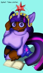 Size: 1700x2880 | Tagged: safe, artist:requiems-dirge, character:twilight sparkle, species:human, big crown thingy, book, breasts, busty twilight sparkle, clothing, dark skin, eared humanization, element of magic, female, glasses, horned humanization, humanized, skirt, socks, solo, sweater, tailed humanization