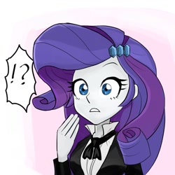 Size: 1000x1000 | Tagged: safe, artist:bojack_mlplove, character:rarity, my little pony:equestria girls, clothing, exclamation point, female, hairpin, interrobang, looking at you, question mark, simple background, solo, suit, surprised
