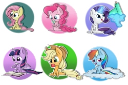 Size: 3000x2000 | Tagged: safe, artist:vcm1824, character:applejack, character:fluttershy, character:pinkie pie, character:rainbow dash, character:rarity, character:twilight sparkle, character:twilight sparkle (alicorn), species:alicorn, species:pony, apple, book, butterfly, candy, chibi, cloud, fabric, food, lollipop, magic, mane six, simple background, telekinesis, transparent background