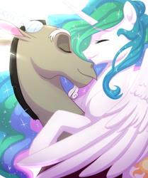 Size: 1421x1700 | Tagged: safe, artist:frowoppy, character:discord, character:princess celestia, species:alicorn, species:draconequus, species:pony, ship:dislestia, eyes closed, female, male, mare, shipping, straight