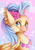 Size: 3496x4961 | Tagged: safe, artist:gela98, character:princess skystar, species:classical hippogriff, species:hippogriff, g4, my little pony: the movie (2017), bust, ear fluff, female, flower, flower in hair, head, heart, heart background, jewelry, necklace, painted, pink background, seashell necklace, simple background, smiling, solo