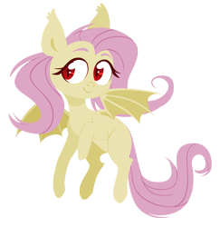 Size: 2299x2370 | Tagged: safe, artist:belka-sempai, character:flutterbat, character:fluttershy, species:bat pony, species:pony, bat wings, fangs, female, flying, head turn, hooves, lineless, looking at you, looking sideways, mare, missing cutie mark, race swap, red eyes, simple background, smiling, solo, spread wings, transparent background, wings