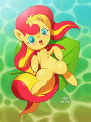 Size: 1692x2268 | Tagged: safe, artist:theratedrshimmer, character:sunset shimmer, species:pony, species:unicorn, blushing, chest fluff, cute, featureless crotch, female, floating, leaf, looking at you, mare, shimmerbetes, solo, water