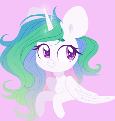 Size: 4000x4206 | Tagged: safe, artist:belka-sempai, character:princess celestia, species:alicorn, species:pony, bust, chibi, cute, cutelestia, female, hooves, horn, lineless, looking away, looking sideways, mare, pink background, portrait, simple background, smiling, solo, wings