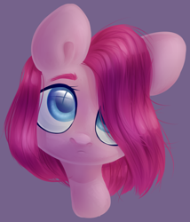 Size: 688x802 | Tagged: safe, artist:belka-sempai, character:pinkamena diane pie, character:pinkie pie, species:earth pony, species:pony, alternate hairstyle, bust, eye reflection, female, gray background, hair over one eye, head tilt, lineless, looking at you, looking away, looking up, mare, portrait, reflection, sad, short hair, simple background, solo