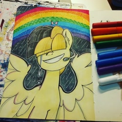 Size: 1280x1280 | Tagged: safe, artist:colouredteapot, character:songbird serenade, species:pony, my little pony: the movie (2017), crying, female, headworn microphone, rainbow, solo, traditional art