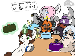 Size: 1000x747 | Tagged: safe, artist:adoeable, non-mlp oc, oc, oc only, oc:tai, belt, birthday party, cake, dialogue, food, glowing horn, imminent bondage, magic, party, simple background, table, telekinesis, this will end in weight gain, transparent background