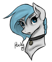 Size: 695x829 | Tagged: safe, artist:pockypocky, oc, oc:pocky, species:pony, blue, blue eyes, bust, choker, color, doodle, female, gray, jewelry, mane, mare, necklace, portrait, rough, simple background, solo