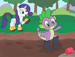 Size: 2048x1556 | Tagged: safe, artist:wingcommanderrudoji, character:rarity, character:spike, species:dragon, species:pony, species:unicorn, boots, duo, gem, gritted teeth, helpful, helping, implied shipping, implied sparity, implied straight, mud, muddy, open mouth, raised leg, shoes, sticky