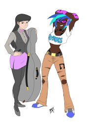 Size: 1500x2118 | Tagged: safe, artist:icey-wicey-1517, artist:mono-phos, character:dj pon-3, character:octavia melody, character:vinyl scratch, species:human, belly button, belt, bow tie, cello case, clothing, colored, converse, dark skin, duo, female, fingerless gloves, flats, glasses, gloves, grin, headphones, humanized, midriff, panties, pantyhose, ripped jeans, shoes, side slit, simple background, skirt, smiling, socks, stockings, thigh highs, thong, torn clothes, transparent background, tube top, underwear