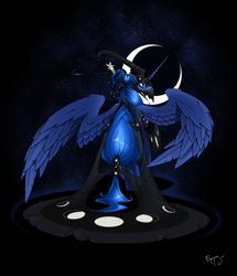 Size: 4418x5132 | Tagged: dead source, safe, artist:jackjacko-eponymous, character:princess luna, absurd resolution, alternate hairstyle, clothing, female, helmet, moon, solo, spread wings, wings