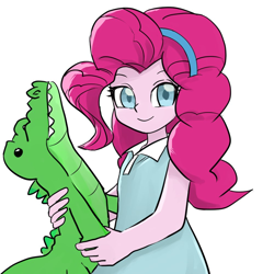 Size: 1000x1000 | Tagged: safe, artist:bojack_mlplove, character:gummy, character:pinkie pie, species:human, my little pony:equestria girls, clothing, colored pupils, cute, diapinkes, dress, duo, female, headband, humanized, looking at you, simple background, smiling, white background