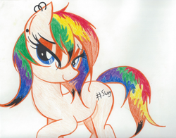 Size: 2112x1656 | Tagged: safe, artist:macroscopicponies, oc, oc only, oc:swagoskittles, ear piercing, earring, hashtag, jewelry, piercing, rainbow hair, swag, traditional art, wet, wet mane