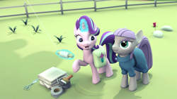 Size: 1920x1080 | Tagged: safe, artist:tehwatever, character:maud pie, character:starlight glimmer, species:earth pony, species:pony, species:unicorn, 3d, duct tape, fence, glowing horn, kite, kite flying, paintbrush, scene interpretation, scissors, tape