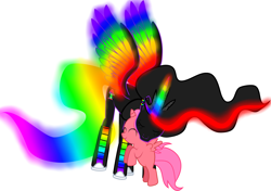 Size: 2156x1514 | Tagged: safe, artist:creshosk, oc, oc only, oc:cherry bloom, oc:princess neon boom, species:alicorn, species:pony, alicorn oc, colored horn, colored wings, converse, duo, ethereal mane, eyes closed, female, filly, mare, multicolored wings, neon pony, original species, rainbow tail, rainbow wings, shoes, simple background, spread wings, transparent background, wings