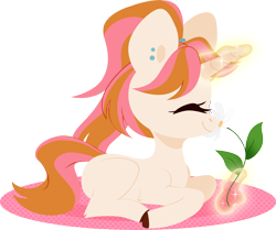 Size: 3768x3144 | Tagged: safe, artist:belka-sempai, oc, oc only, oc:belka, species:pony, species:unicorn, eyes closed, female, filly, flower, glowing horn, hooves, horn, levitation, lineless, lying down, magic, mare, missing cutie mark, pigtails, profile, prone, simple background, smiling, solo, telekinesis, transparent background