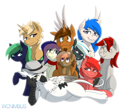 Size: 3402x3004 | Tagged: safe, artist:wcnimbus, oc, oc only, oc:artillery fire, oc:coppercore, oc:crosswind, oc:fusion core, oc:jacquelyn, oc:lilith kamaria, oc:middy, oc:rias, oc:snowdrift, oc:waves, species:earth pony, species:griffon, species:pegasus, species:pony, species:unicorn, blushing, clothing, draw me like one of your french girls, eared griffon, fedora, female, freckles, group, harem, hat, male, mare, scarf, simple background, stallion, wingding eyes