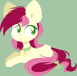 Size: 2174x2160 | Tagged: safe, artist:belka-sempai, character:roseluck, species:earth pony, species:pony, bow, chest fluff, collar, cute, digital art, ear fluff, female, fluffy, green background, heart eyes, hooves, lineless, looking sideways, lying down, mare, missing cutie mark, pet tag, pony pet, prone, rosepet, simple background, smiling, solo, tail bow, wingding eyes
