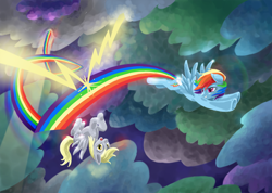 Size: 900x641 | Tagged: safe, artist:ladyponies, artist:leavingcrow, character:derpy hooves, character:rainbow dash, species:pegasus, species:pony, cloud, cloudy, duo, duo female, female, flying, lightning, mare, rainbow trail, upside down