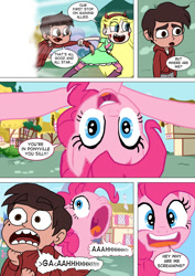 Size: 800x1131 | Tagged: safe, artist:imbriaart, character:pinkie pie, species:earth pony, species:human, species:pony, comic:magic princess war, clothing, comic, crossover, marco diaz, ponyville, star butterfly, star vs the forces of evil, suggestive series