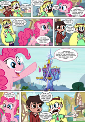 Size: 600x850 | Tagged: safe, artist:imbriaart, character:pinkie pie, species:earth pony, species:human, species:pony, comic:magic princess war, clothing, comic, crossover, marco diaz, ponyville, star butterfly, star vs the forces of evil, suggestive series, twilight's castle