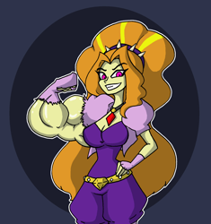 Size: 1815x1927 | Tagged: safe, artist:da-fuze, character:adagio dazzle, my little pony:equestria girls, acardio dazzle, big hair, breasts, female, flexing, growth, hand on hip, hips, long hair, looking at you, muscle expansion, muscle growth, muscles, simple background, smiling, solo, white outline