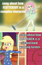 Size: 643x984 | Tagged: safe, artist:kuco, artist:root, edit, edited screencap, screencap, character:applejack, character:fluttershy, episode:five to nine, episode:so much more to me, g4, my little pony: equestria girls, my little pony:equestria girls, clothing, cute, dress, female, image macro, meme, microphone, onesie, op is a duck, op is trying to start shit, pantyhose, shyabetes, singing, text, tights