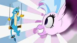 Size: 5120x2880 | Tagged: safe, artist:alltheworldbronyf, character:gallus, character:silverstream, species:classical hippogriff, species:griffon, species:hippogriff, season 8, bored, implied poison joke, joke, size difference, smiling