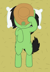 Size: 1624x2318 | Tagged: safe, artist:craftycirclepony, oc, oc only, oc:filly anon, applejack's hat, clothing, covering face, cowboy hat, female, filly, from above, hat, hat over eyes, hat tip, hay, hooves to the chest, lying down, on back, pillow, raised leg, resting, smiling, solo, stetson