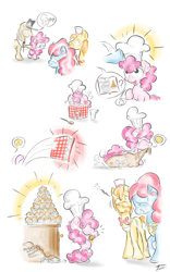 Size: 1000x1600 | Tagged: safe, artist:keentao, character:carrot cake, character:cup cake, character:igneous rock pie, character:pinkie pie, ship:carrot cup, beard, chef's hat, clothing, comic, cookbook, crocque-en-bouche, croquembouche, facial hair, female, hat, male, moustache, rock, shipping, straight, younger