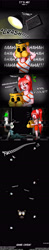 Size: 1280x6528 | Tagged: safe, artist:ravenousdash, oc, oc:death metal, oc:pearl necklace, animatronic, april fools, black hair, comic, crossover, darkness, dialogue, easter egg, five nights at freddy's, freddy fazbear, freddy fazbear's pizzeria, golden freddy, green eyes, horror, laughing, prank, red eyes, red hair, security guard, spooky, video game