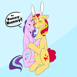 Size: 600x600 | Tagged: safe, artist:blacksky1113, character:starlight glimmer, character:sunset shimmer, species:pony, species:unicorn, ship:shimmerglimmer, blushing, bunny ears, cute, duo, eyes closed, female, glimmerbetes, hug, lesbian, mare, shimmerbetes, shipping, sunny bunny