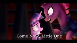 Size: 3456x1901 | Tagged: safe, artist:kimmyartmlp, character:tempest shadow, character:twilight sparkle, character:twilight sparkle (alicorn), species:alicorn, species:pony, my little pony: the movie (2017), cage, evil grin, female, mare, open up your eyes, scene interpretation, smiling