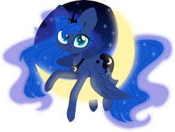 Size: 5000x3784 | Tagged: safe, artist:belka-sempai, character:princess luna, species:alicorn, species:pony, absurd resolution, crescent moon, cutie mark, female, hooves, horn, jewelry, lineless, looking at you, mare, moon, prone, regalia, simple background, smiling, solo, spread wings, tangible heavenly object, tiara, transparent background, transparent moon, wings