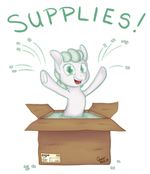 Size: 1024x1184 | Tagged: safe, artist:gracewolf, oc, oc:packing peanuts, species:earth pony, species:pony, box, female, mare, packing peanuts, pony in a box, solo, supplies, underhoof