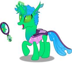 Size: 3000x2614 | Tagged: safe, artist:mlp-scribbles, oc, oc only, oc:flik, species:changeling, species:reformed changeling, changedling oc, colorful, mirror, simple background, solo, surprised, transparent background