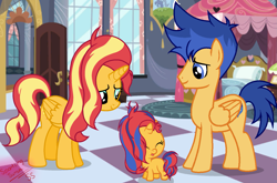 Size: 2271x1499 | Tagged: safe, artist:sparkling-sunset-s08, character:flash sentry, character:sunset shimmer, parent:flash sentry, parent:sunset shimmer, parents:flashimmer, species:alicorn, species:pony, ship:flashimmer, alicornified, baby, baby pony, family, female, male, offspring, race swap, shimmercorn, shipping, straight