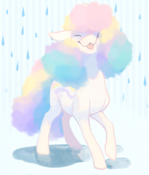Size: 513x600 | Tagged: safe, artist:bananasmores, character:raincurl, species:pony, g1, cute, female, fluffy, g1betes, mlem, pastel, puddle, rain, rainbow curl pony, rainbow hair, rainbow tail, silly, solo, tongue out